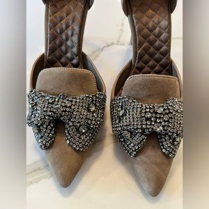 Tory Burch taupe suede pumps with rhinestone bow